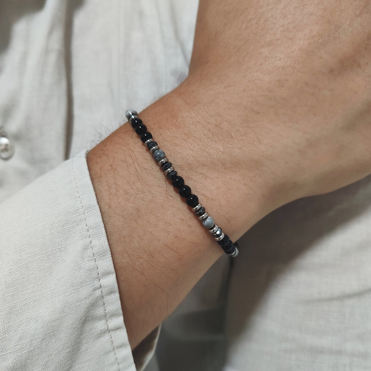 Bracciale Beadline diaspro grigio e onice nero