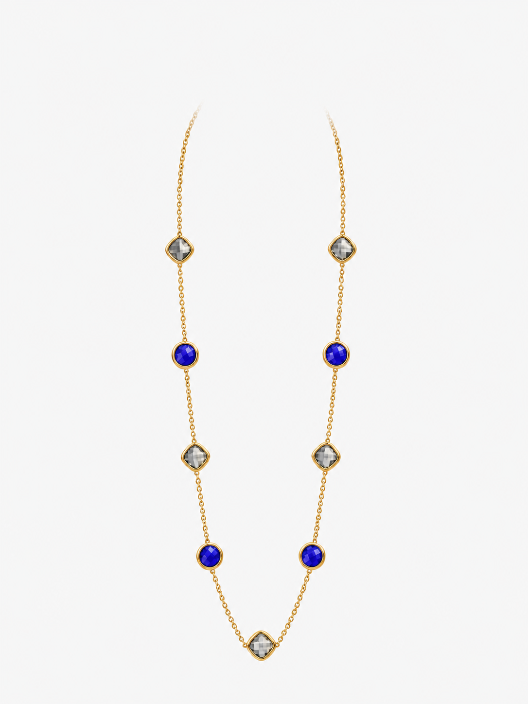 Collana Lunga Luce Blu - Finitura Dorata: vista completa su fondo bianco
