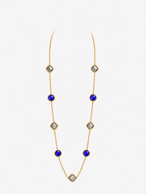 Collana Lunga Luce Blu - Finitura Dorata: vista completa su fondo bianco