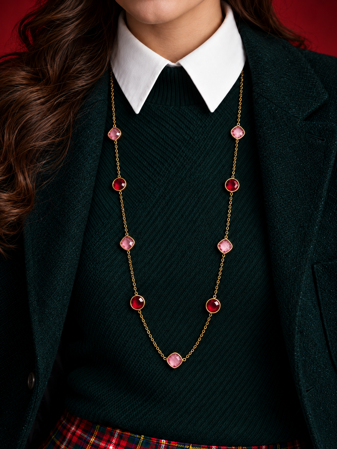 Collana Lunga Luce Rossa - Finitura Dorata: indossata, dettaglio