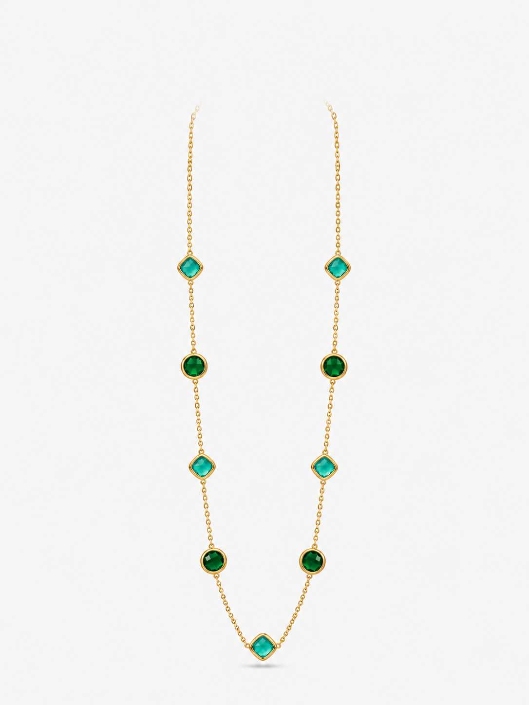 Collana Lunga Luce Verde - Finitura Dorata: vista completa su fondo bianco