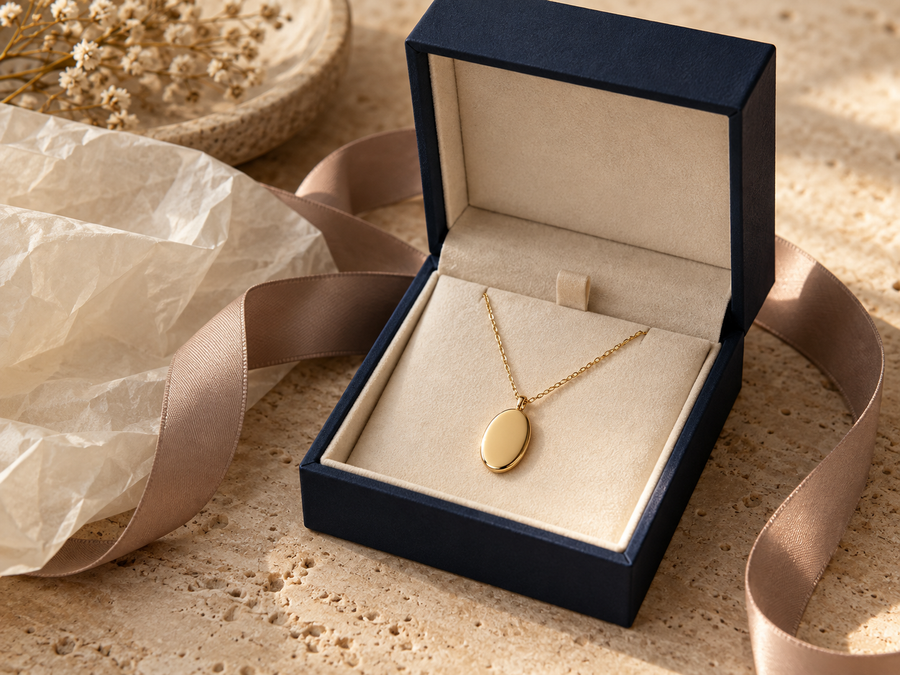 Una collana dorata presentata in una confezione regalo